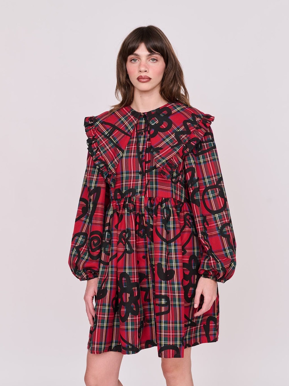 Lazy Oaf Red Plaid Long-Sleeve Ruffle Mini Dress